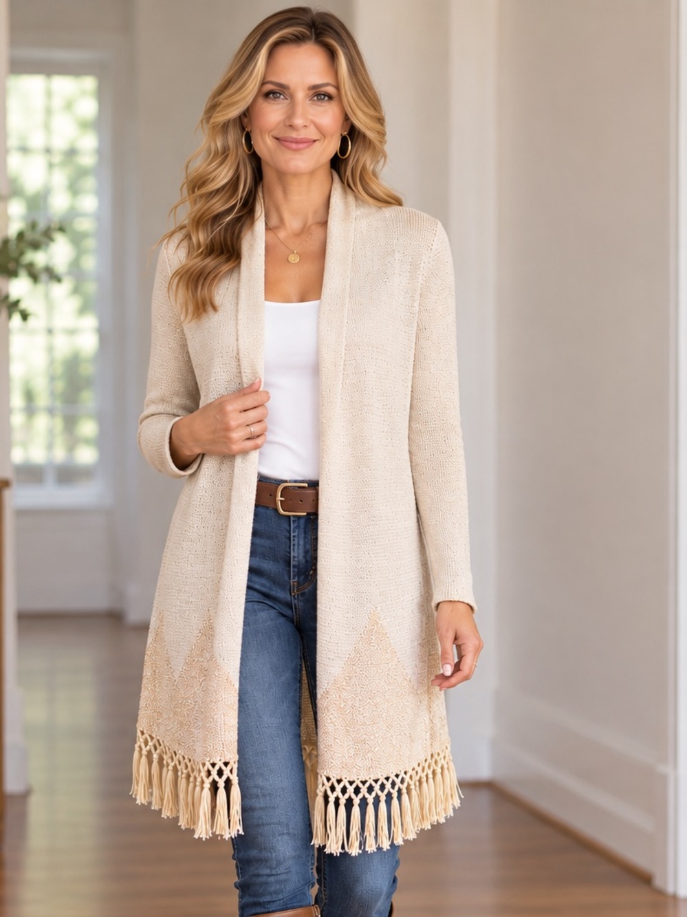 Lilly Pulitzer M Cream Gold Metallic Fringe Open Front Cardigan Sweater